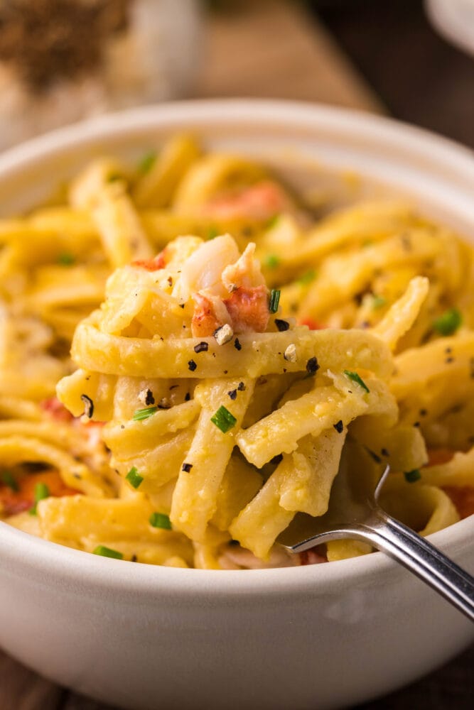 picture of lobster pasta in a white bowl 