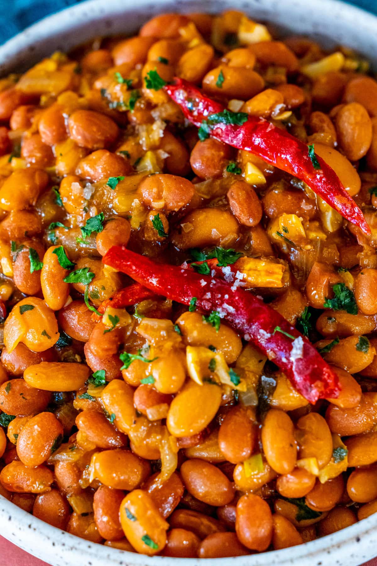 Spicy bowl of garlicky beans.
