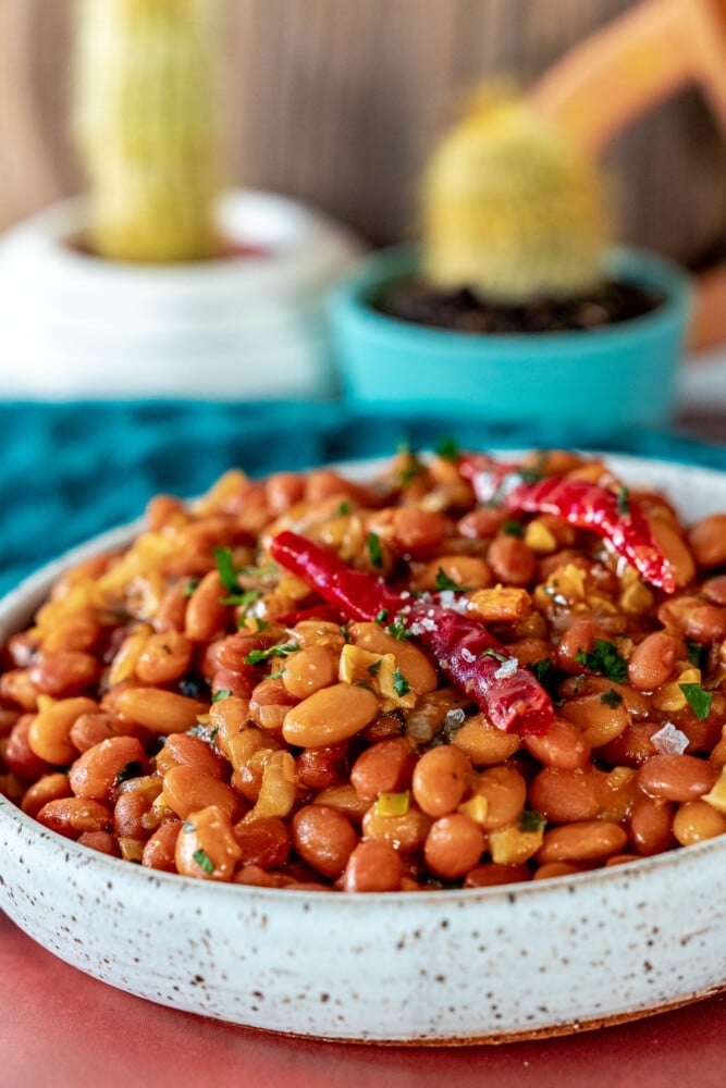 spicy garlic beans in a bowl