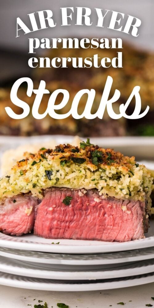 picture of parmesan encrusted steak on a white plate in front of an air fryer