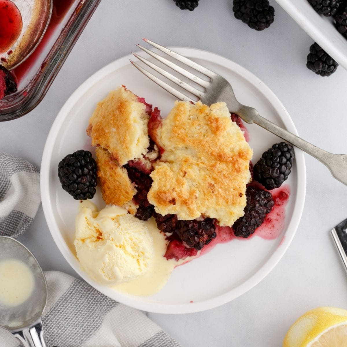 picture of blackberry cobbler baked in a dish