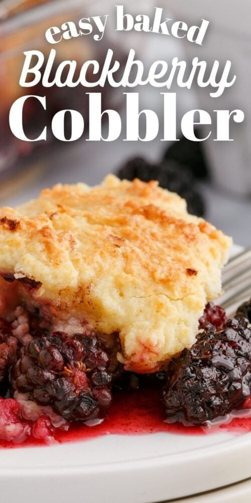 blackberries and crusty topping on a plate with a fork in it