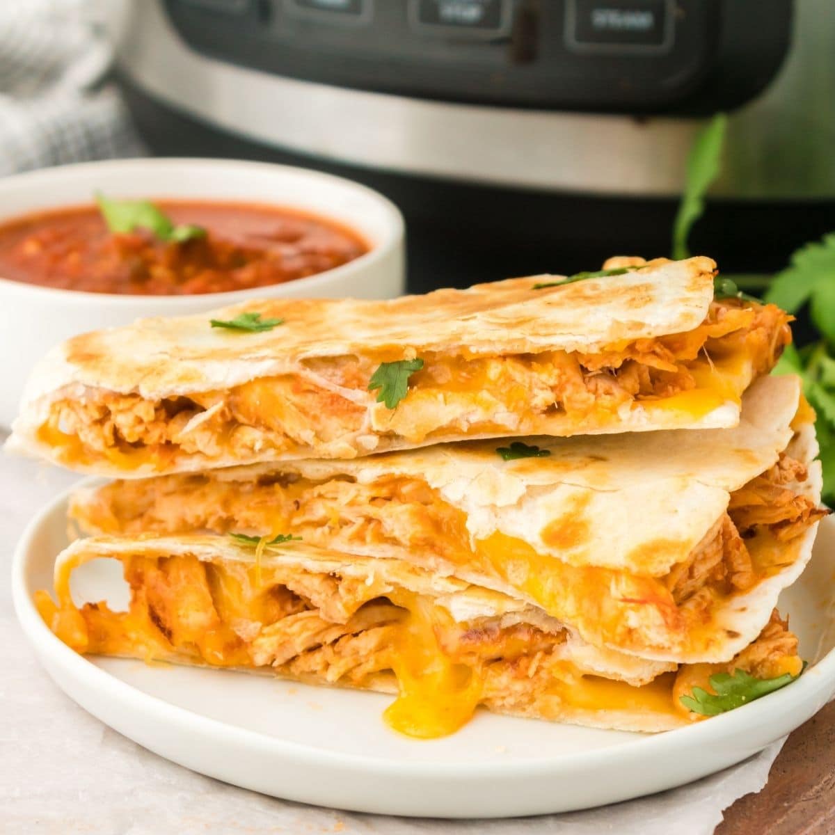picture of chicken quesadillas on a plate in front of an instant pot