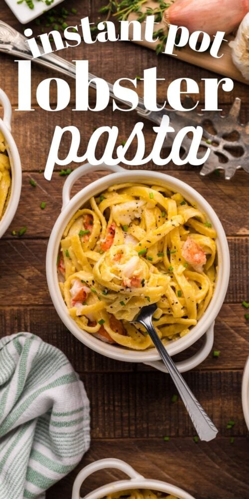 picture of lobster pasta in a white bowl 