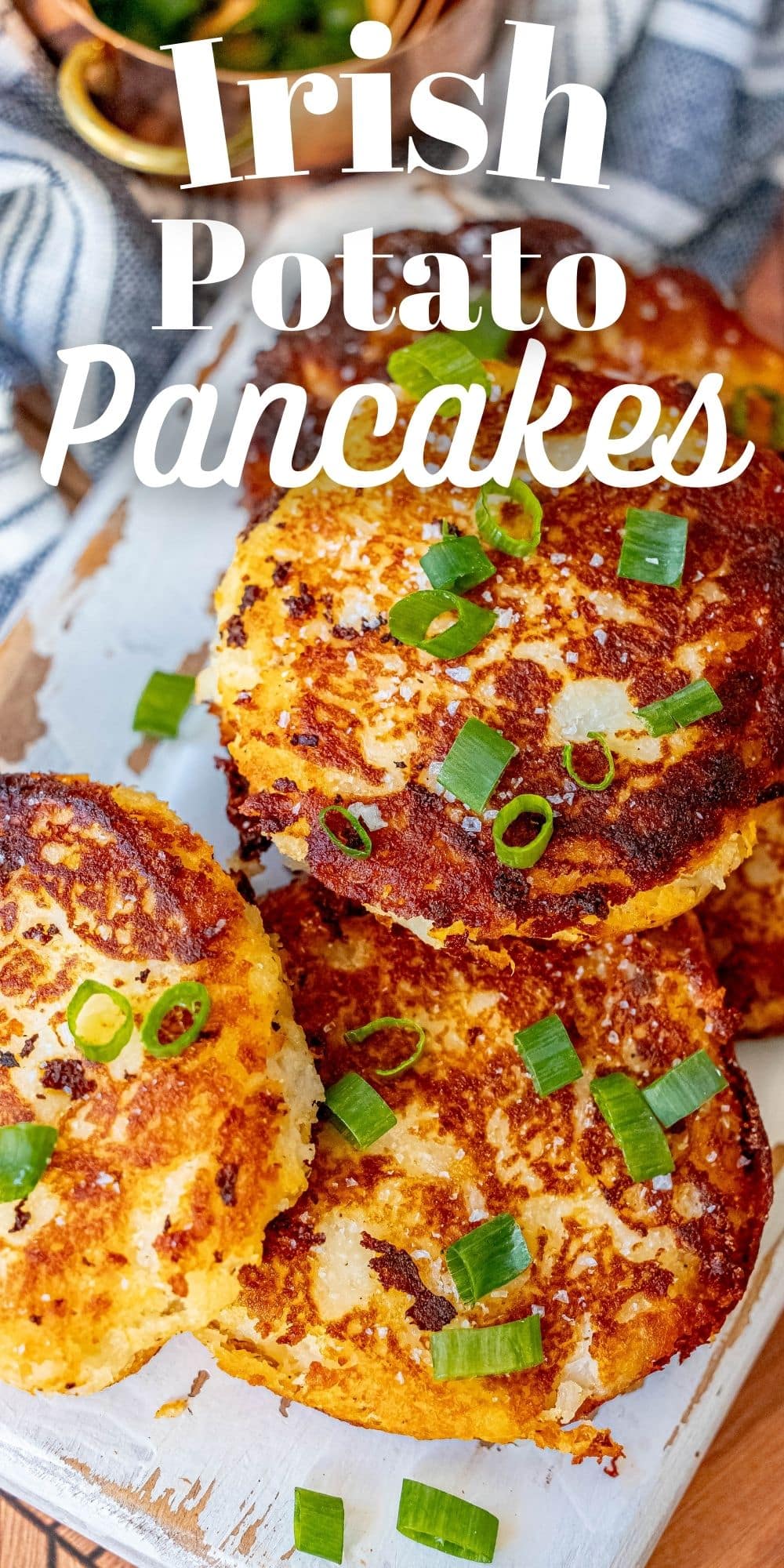 Irish potato pancakes served on a white plate.