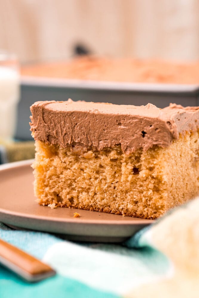 yellow cake with chocolate frosting on a plate