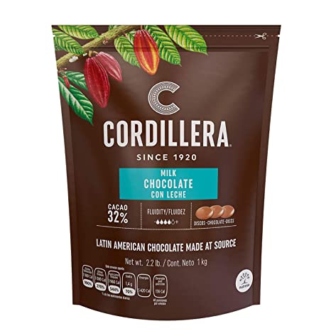 Cordillera | Milk Chocolate Couverture | Cacao 32% | 2.2 Lb, Pack of 1 | Latin America Chocolate | Real & Sustainable Chocolate | High Fluidity
