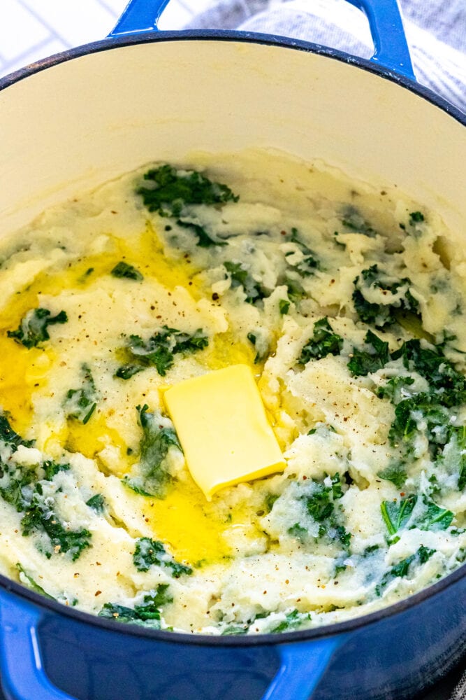 mashed potato and kale irish colcannon in a blue dutch oven