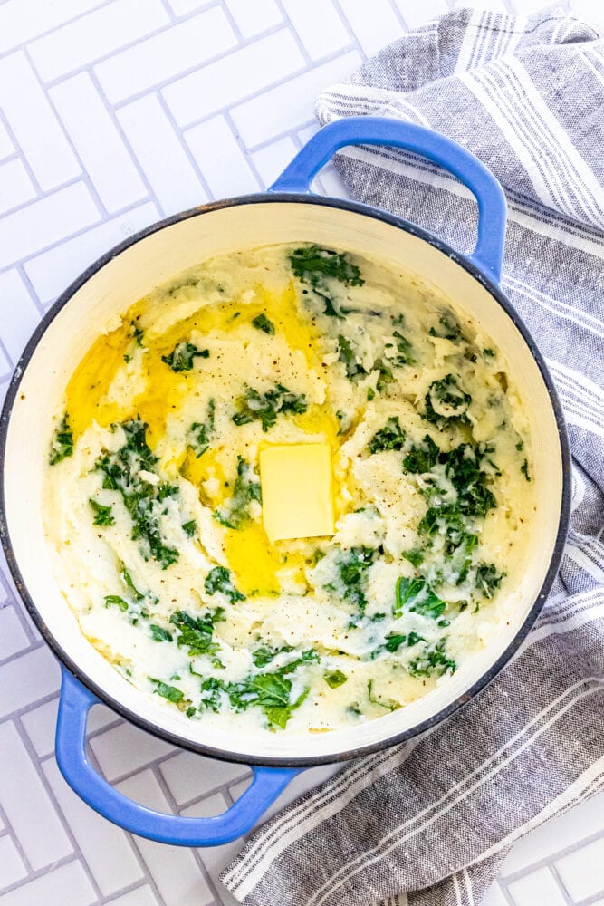 mashed potato and kale irish colcannon in a blue dutch oven