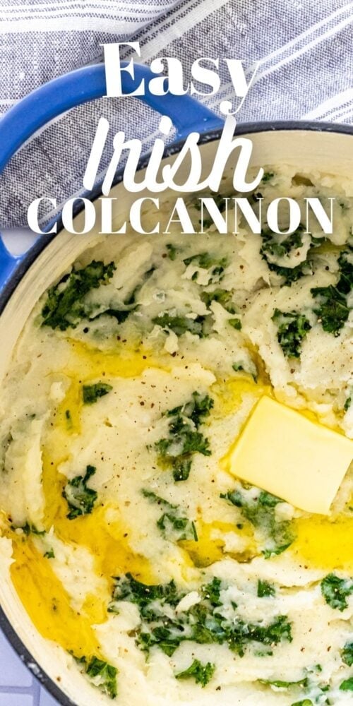 mashed potato and kale irish colcannon in a blue dutch oven