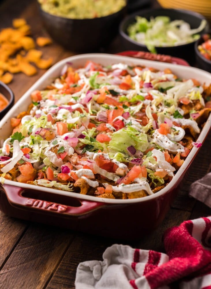 picture of frito pie casserole in a baking dish 