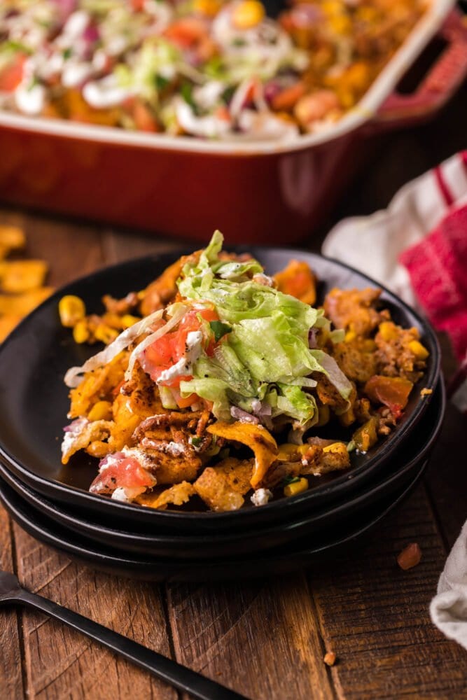 picture of frito pie casserole in a baking dish 