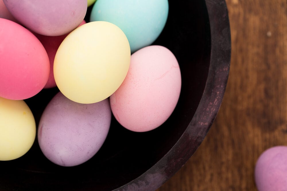 a bowl of colorful Easter eggs 