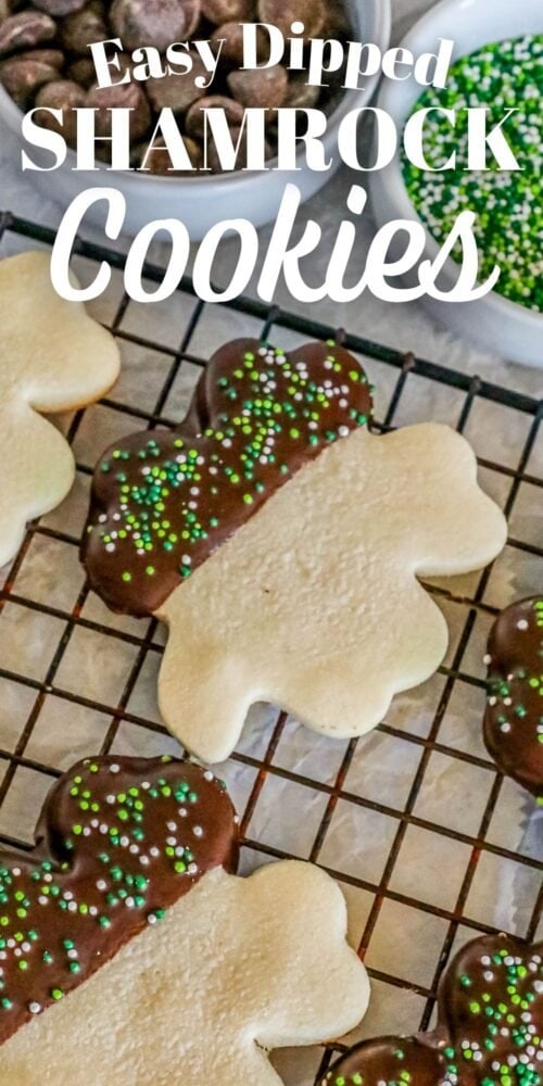 picture of shamrock sugar cookie dipped in chocolate and sprinkles