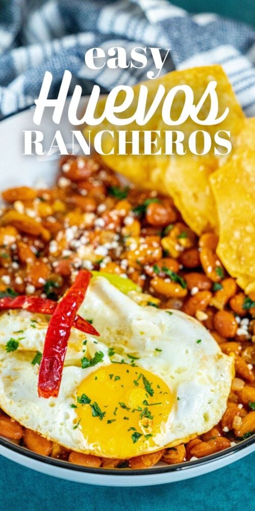 picture of huevos rancheros in a bowl on a table with a fried egg on top and chips in the bowl