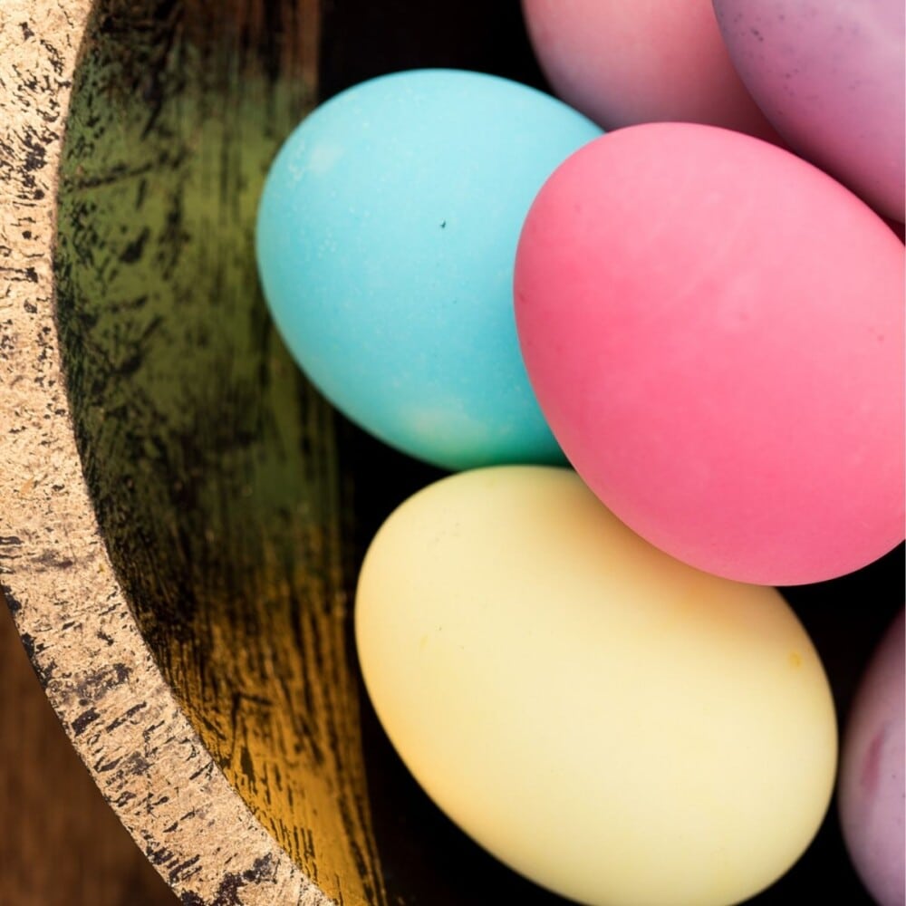 a bowl full of colorful Easter eggs 