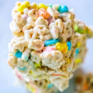 stacked lucky charms cereal bars on a table