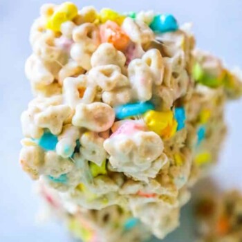 stacked lucky charms cereal bars on a table
