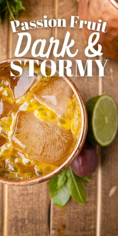 picture of passion fruit dark and stormy in a copper mug