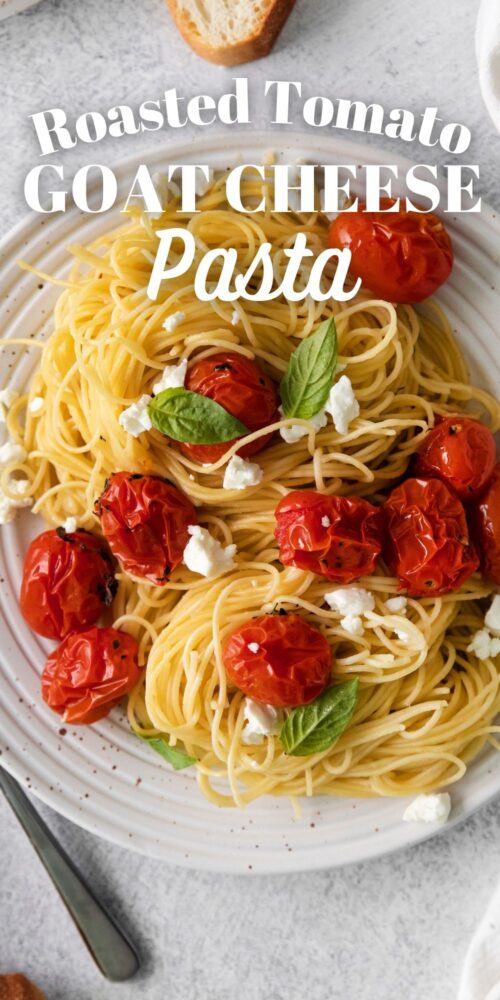 picture of roasted tomato and goat cheese pasta on a white plate