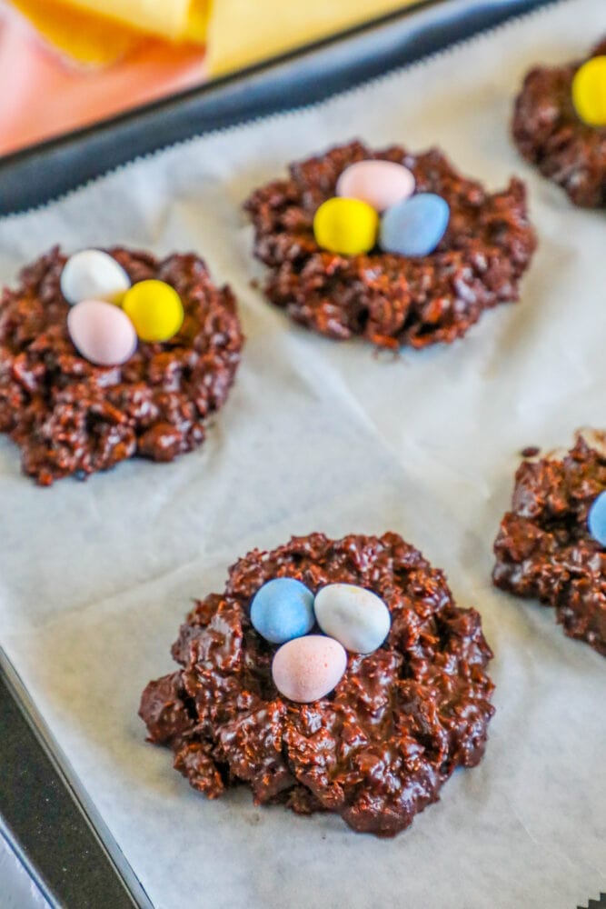 picture of chocolate cookies shaped like a birds nest with candy eggs on top 