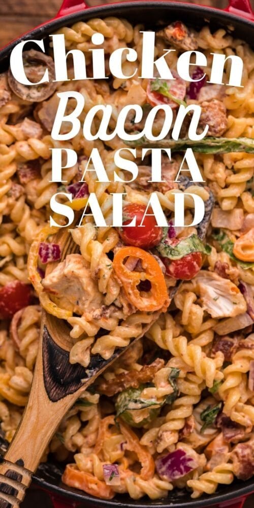 picture of creamy chicken bacon pasta salad in a bowl