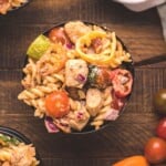 picture of creamy chicken bacon pasta salad in a bowl