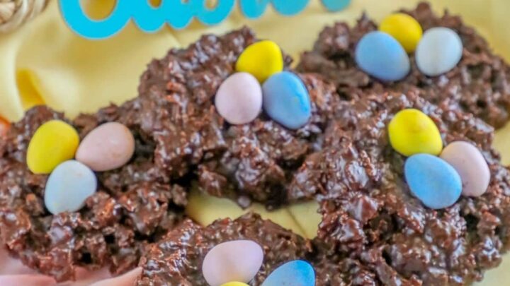 picture of chocolate cookies shaped like a birds nest with candy eggs on top