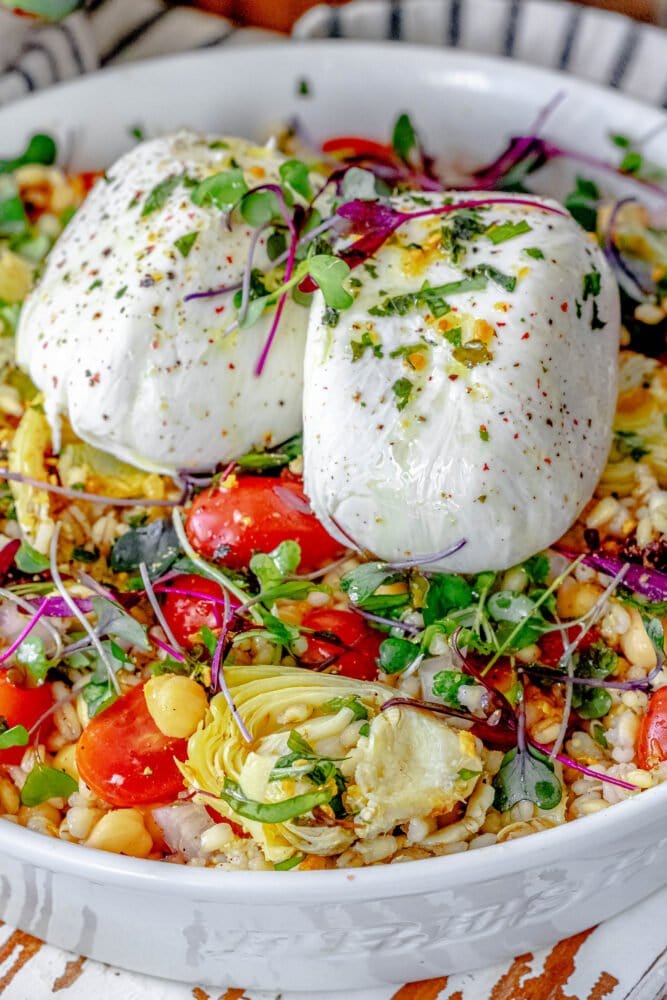 burrata barley salad in a white bowl with microgreens, artichoke hearts, and tomatoes