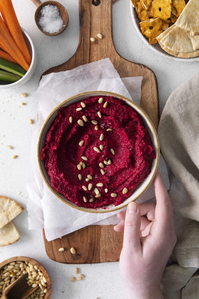 picture of beet hummus in a bowl 