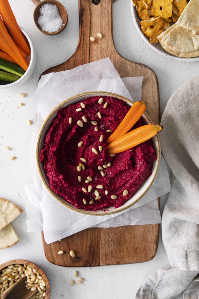 picture of beet hummus in a bowl 