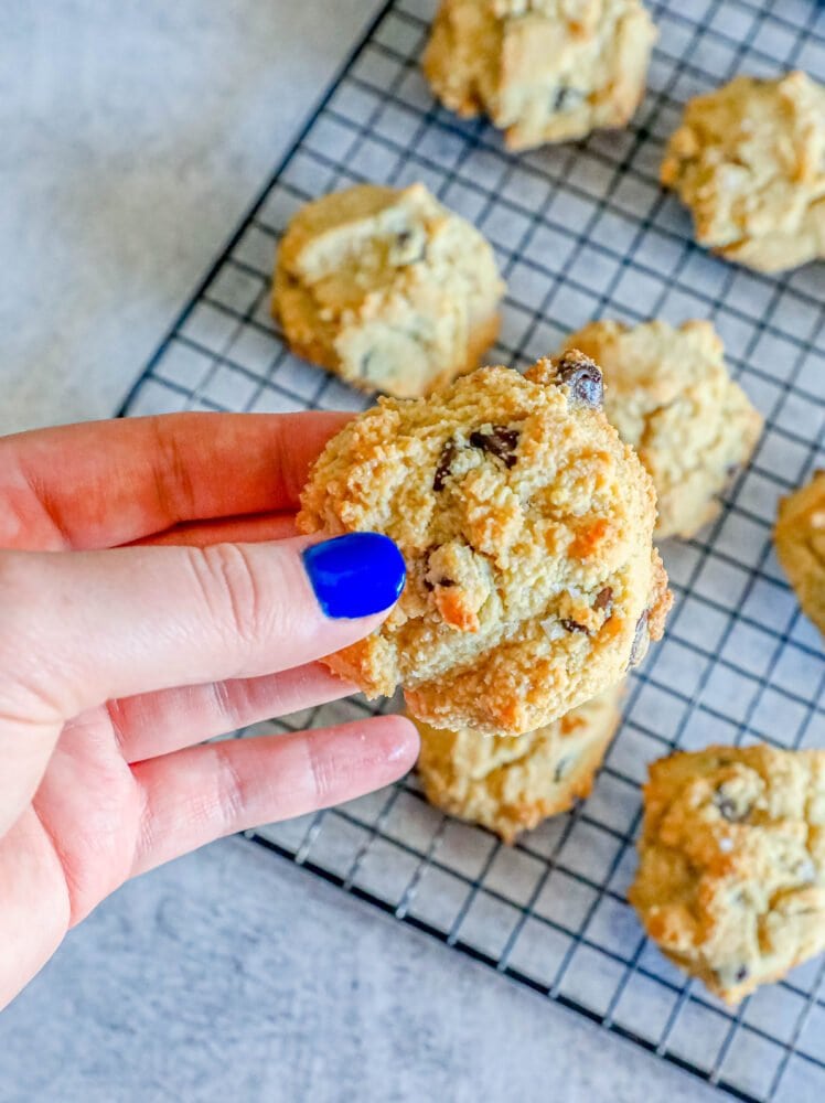 picture of keto chocolate chip cookies on a baking rack 