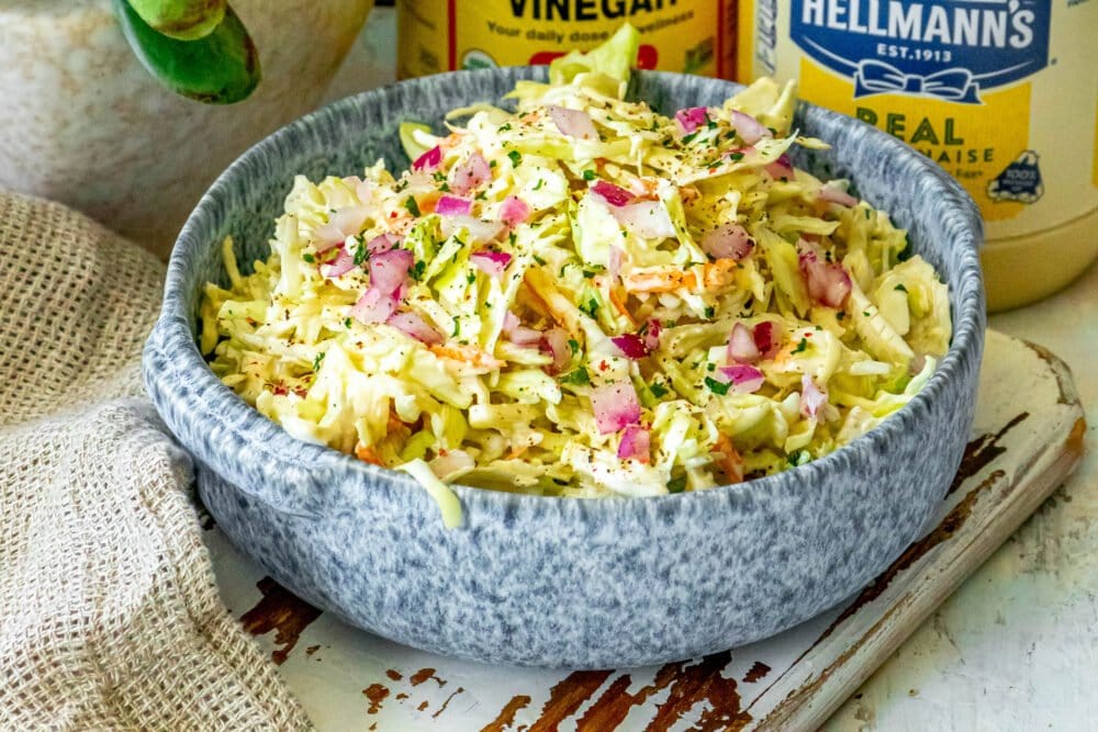 picture of coleslaw in a blue bowl 