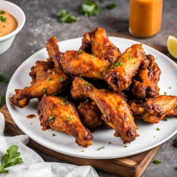 The Best Baked Chicken Wings Recipe Ever served on a plate with dipping sauce.