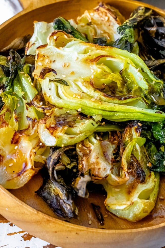 picture of grilled bok choy on a wood platter