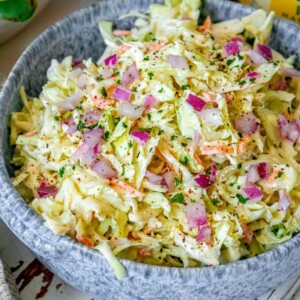 picture of coleslaw in a blue bowl