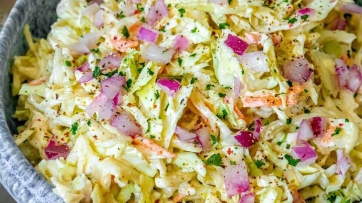 picture of coleslaw in a blue bowl
