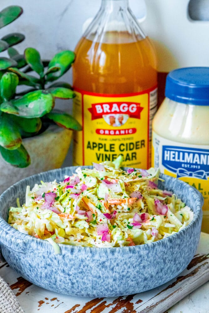 picture of coleslaw in a blue bowl 