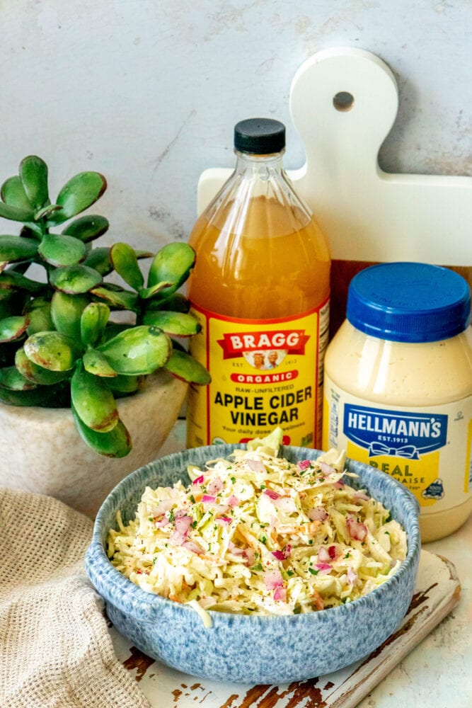 picture of coleslaw in a blue bowl 