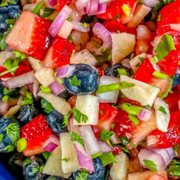 red white and blue fruit salsa in a bowl