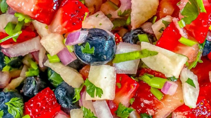 picture of red white and blue fruit salsa in a bowl