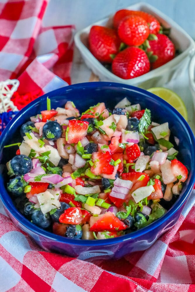 red white and blue fruit salsa in a bowl with cilantro and red onion