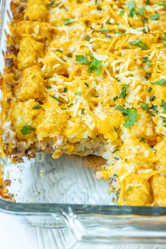 picture of tater tot cowboy casserole in a glass baking dish