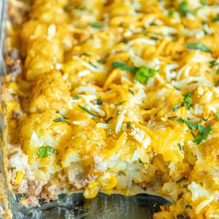 picture of tater tot cowboy casserole in a glass baking dish