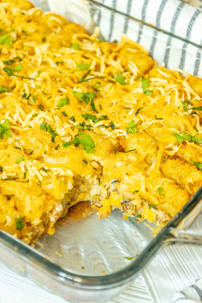 picture of tater tot cowboy casserole in a glass baking dish