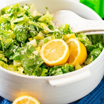 crunchy lemon tiktok salad in a white bowl