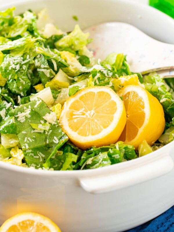 crunchy lemon tiktok salad in a white bowl