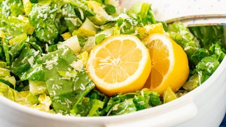 picture of crunchy lemon tiktok salad in a white bowl