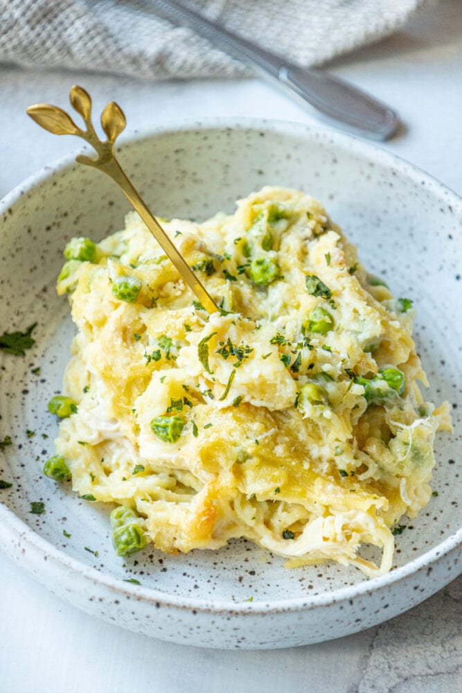 picture of baked chicken tetrazzini noodle casserole with peas on a plate