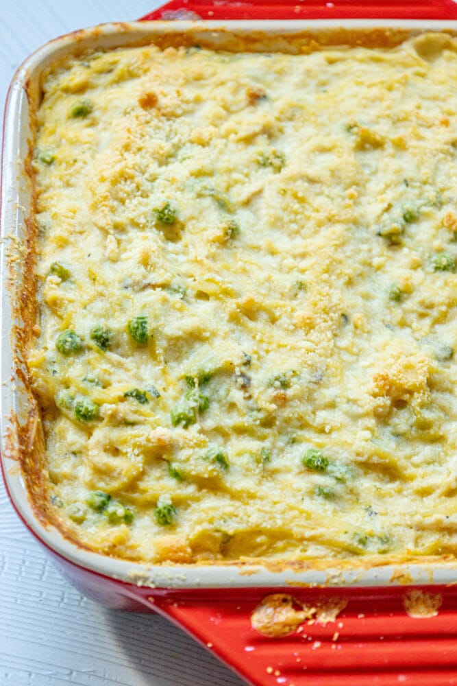 picture of baked chicken tetrazzini noodle casserole with peas in a red dish 
